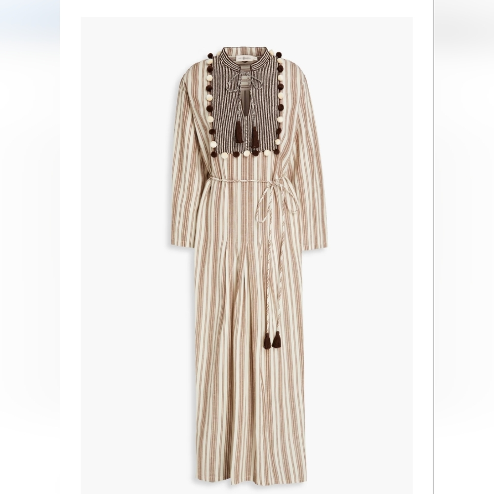 Tory Burch Beach Caftan Dress Coverup XS NWT brown stripe pom pom beige